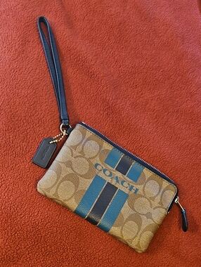 Coach Tan Signature Wristlet with Blue & Teal Green Stripes